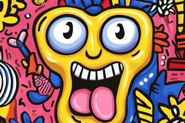 A playful digital illustration flyer with cartoon elements and vibrant typography