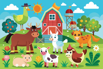 Various farm animals gather near a red barn under a bright blue sky and warm sun Farm animal set