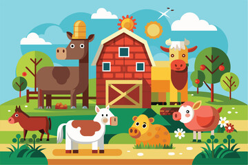 Bright farm animals gather near a colorful barn in a cheerful countryside during a sunny day Farm animals Customizable Semi Flat Illustration