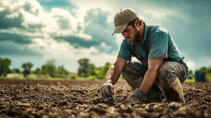 A Determined Farmer Planting Seeds in Fertile Soil Despite Harsh Weather Conditions with Dark Clouds Rolling In