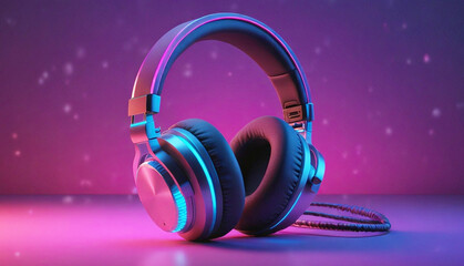 Gaming Headphone, futuristic glowing headphones with vibrant blue and purple neon lights against a gradient pink and purple background. Generative AI