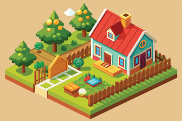 A quaint farmhouse features a vibrant garden, trees, and a cozy atmosphere in a rural landscape Farm house Customizable Isometric Illustration