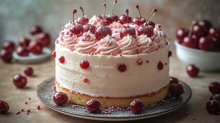 Delicious Cherry Cake With Pink Frosting And Sprinkles