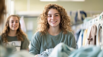 Young Female Students Enjoy Folding Clothes in a Bright and Cheerful Dormitory Laundry Room Scene