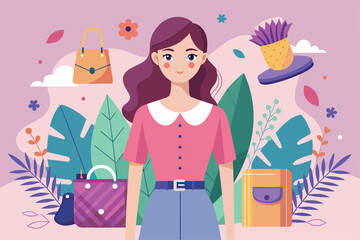 A fashion blogger presents unique styles and accessories in a colorful and lively environment Fashion blogging Customizable Semi Flat Illustration