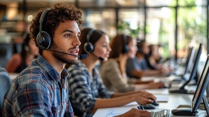 Diverse Team Engaged in Brainstorming Session at Modern Call Center with Headsets and Computers in Bright Office Environment