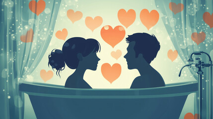 A light-hearted cartoon of a couple, silhouettes behind bathroom curtain, enjoying a playful, intimate moment with heart shapes