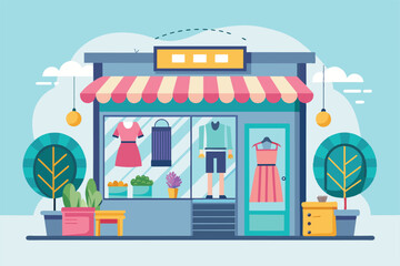 Obraz premium A vibrant fashion shop displays colorful outfits and plants outside its welcoming entrance Fashion shop Customizable Semi Flat Illustration