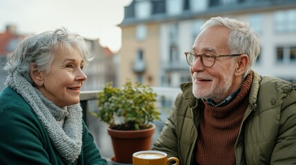 Happy couple enjoying coffee together on a cozy patio surrounded by plants, savoring quality time and connection in a charming outdoor setting.