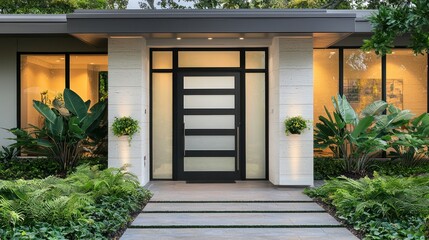 Simple frosted glass door with large windows and greenery framing the entrance.