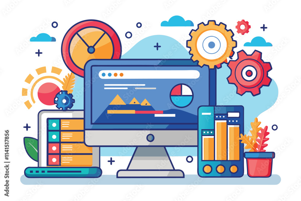 Aufkleber colorful graphics demonstrate digital tools for web design and data analysis in a creative office en