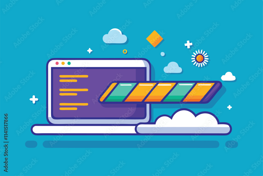 Poster a computer displays colorful coding while surrounded by clouds, sun, and geometric shapes in a brigh