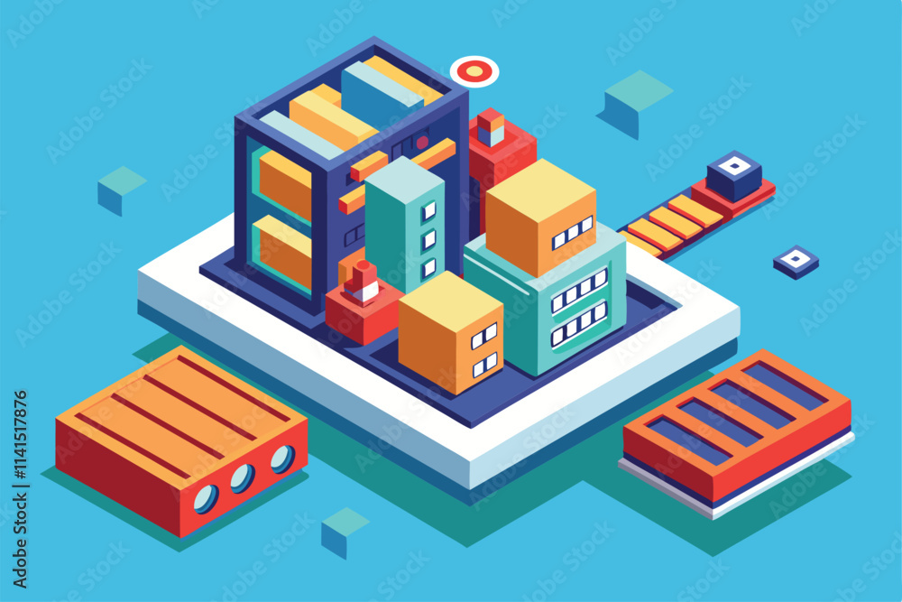 Poster colorful buildings and structures create a lively urban environment in an imaginative isometric desi