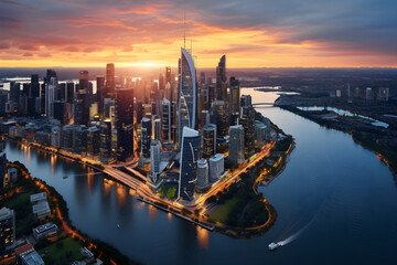 Fototapeta premium Golden Sunset Over Vibrant Metropolis: A BZ Drone Photography Masterpiece