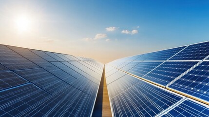 Obraz premium Solar panels reflecting sunlight in a clear blue sky.