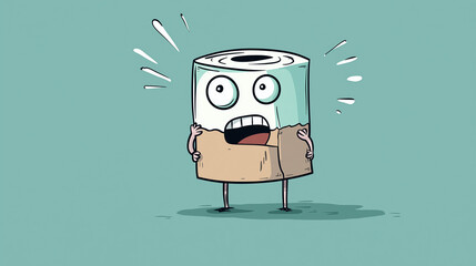 Illustration  A humorous cartoon showing a character in panic, with the toilet paper roll empty