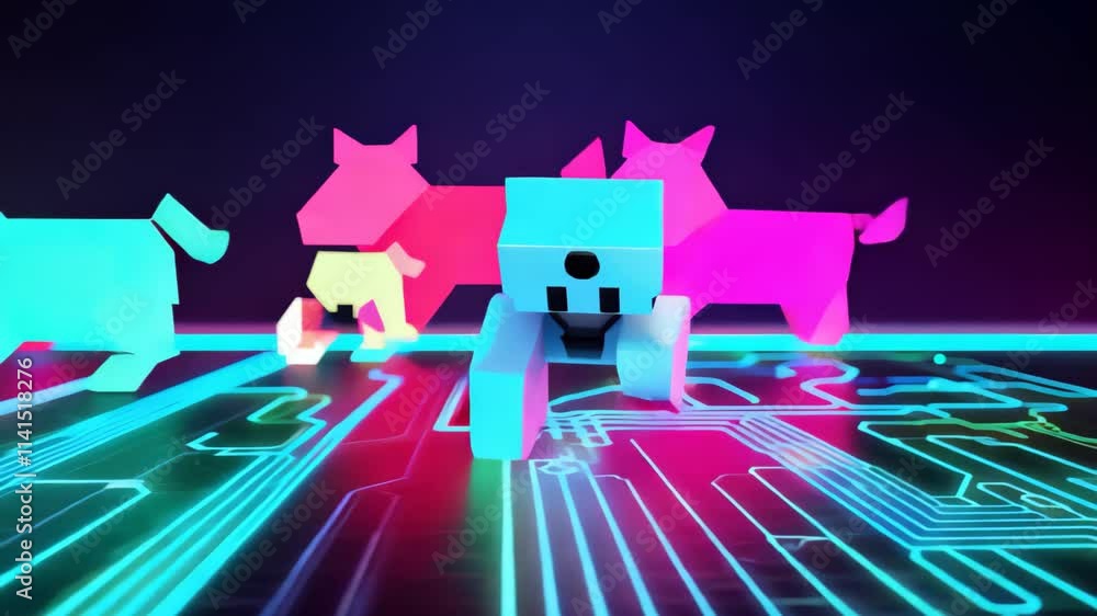 Poster Colorful animated characters explore a vibrant digital landscape filled with playful shapes and animals