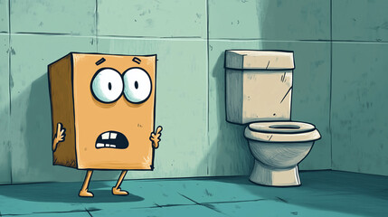 Illustration  A humorous cartoon showing a character in panic, with the toilet paper roll empty