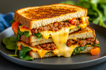 A grilled cheese sandwich on a plate with lettuce and tomatoes