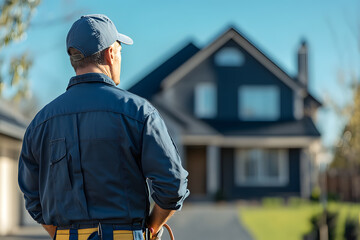 A back view of a service man with his equipments in front of a house