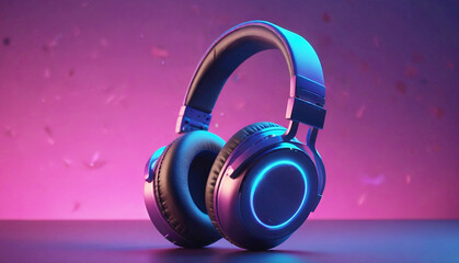 Gaming Headphone, futuristic glowing headphones with vibrant blue and purple neon lights against a gradient pink and purple background. Generative AI