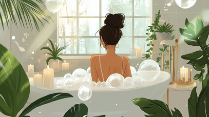 illustration of a woman in a serene bathroom with oversized bubbles, surrounded by candles and plants