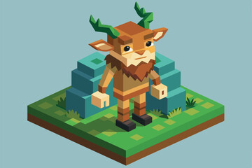 Fototapeta premium A stylized faun character poses in an enchanting forest environment filled with geometric shapes Faun Customizable Isometric Illustration