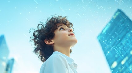 Young Leader Gazing Upward from Urban Balcony in Modern Cityscape with Clear Blue Sky and Sparkling Effects