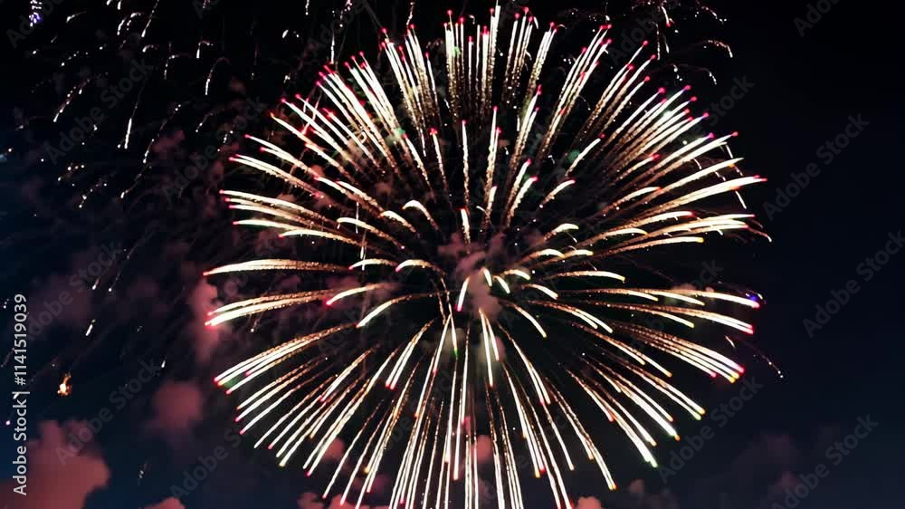 Poster colorful fireworks light up the night sky during local celebration in a vibrant display of patterns 