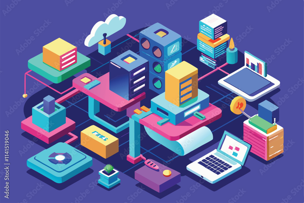 Poster colorful isometric illustration features various tech components connected in a modern layout featur