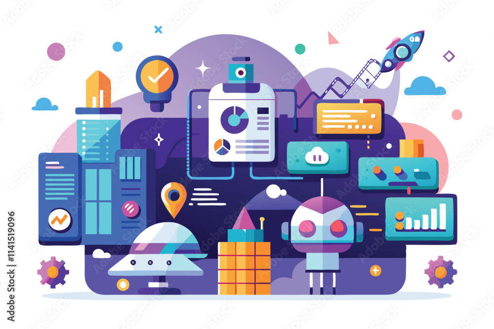 Poster colorful technology concepts featuring robots, data charts, and futuristic designs in a custom works