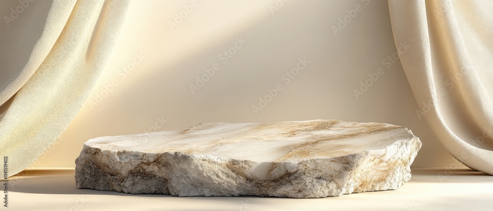 Poster elegant neutral toned marble textured platform with draped fabric background ideal for displaying pr