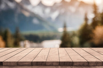Empty wood table top on blur pine trees and town mountains bokeh light background. montage product...
