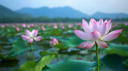 A serene lotus flower blooms amidst a tranquil pond surrounded by mountain, nature, background.