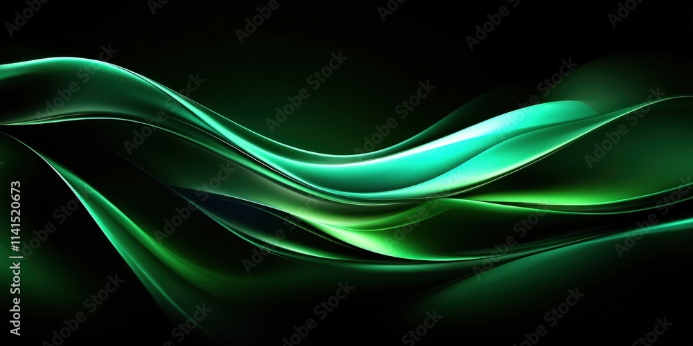 Poster abstract green flowing waves on pitch black background creating a 3d illusion of depth and movement 