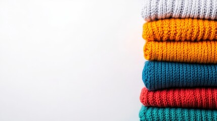 A stack of colorful knit sweaters, neatly arranged in vibrant shades, showcasing a cozy and warm aesthetic against a plain background.