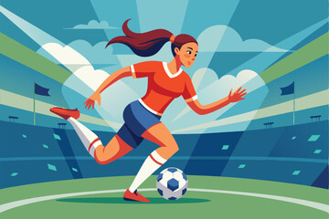 Obraz premium A female athlete runs with the ball on a sunny day in the stadium Female footballer playing football