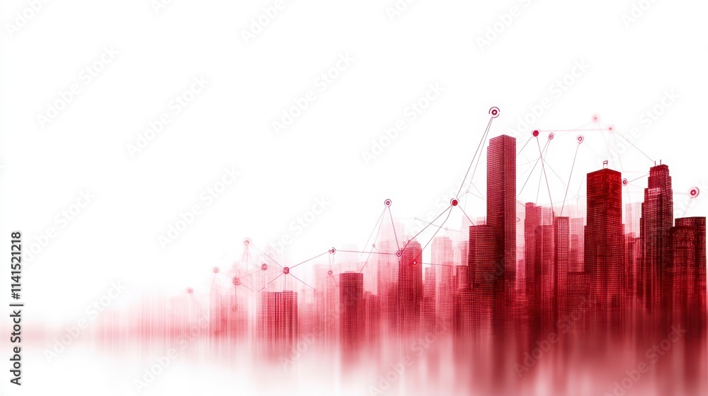 Poster a stylized city skyline in red tones, featuring abstract buildings and graph-like elements, symboliz