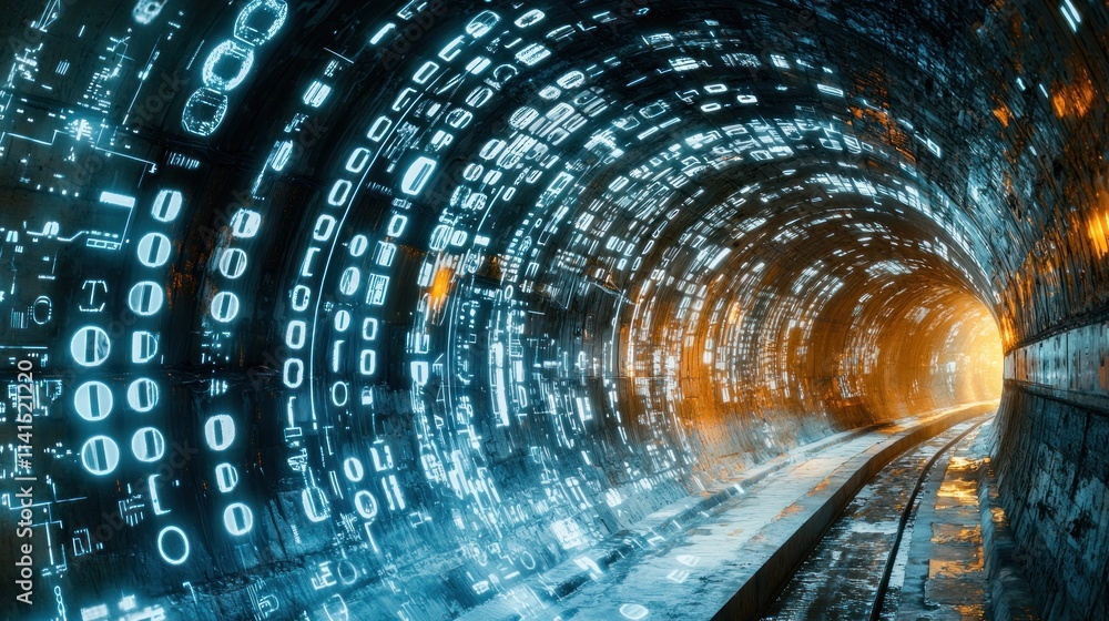 Fototapete Futuristic high-tech environment visual art exploring digital data flow in urban tunnels Blur Background
