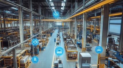 Fototapeta premium A factory layout with labeled sections for predictive maintenance zones where IoT devices continuously monitor equipment health and send alerts to maintenance teams.