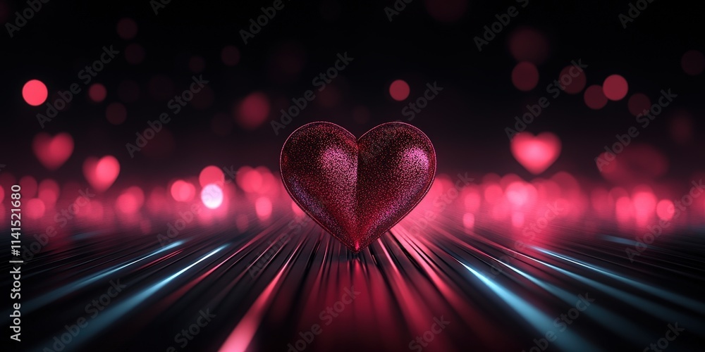 Poster elegant 3d render of a shiny heart on a pitch black background with soft glowing bokeh lights and dr
