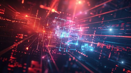 Obraz premium Abstract digital landscape with glowing lines and data blocks, representing technology and innovation.