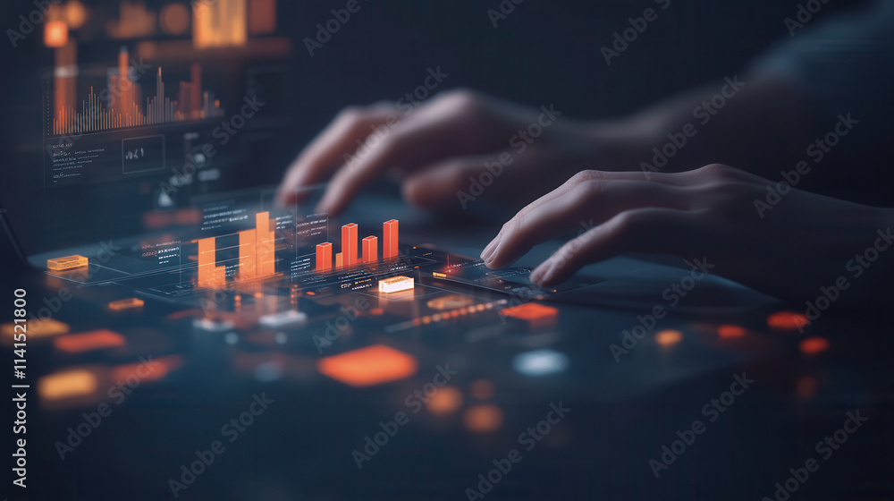 Poster close up of hands typing on laptop with digital graphs and data visualizations, showcasing technolog