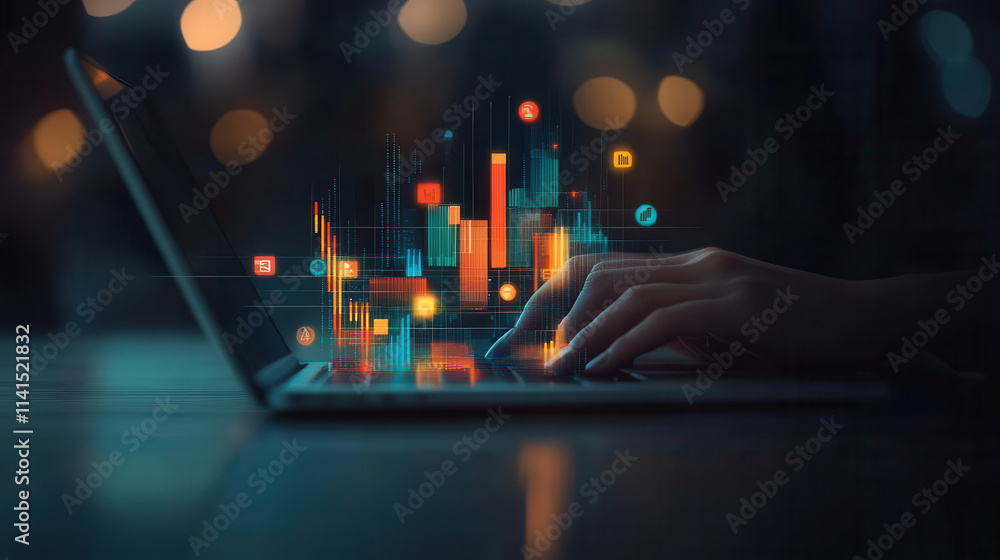 Poster close up of hands typing on laptop with digital data visualization, showcasing vibrant graphs and ch