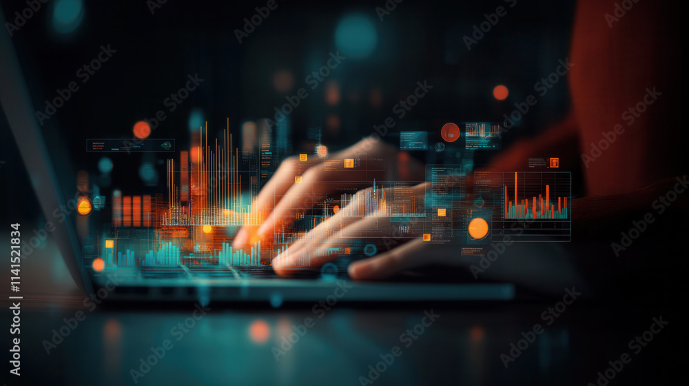 Aufkleber close up of hands typing on laptop with digital data visualization, showcasing technology and analyt