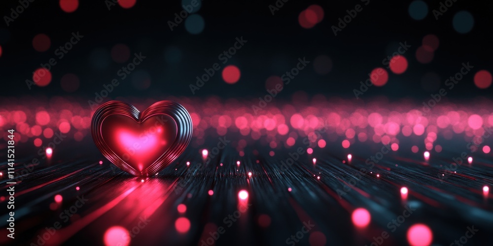 Aufkleber empty 3d render of heart shape on pitch black background with glowing red and pink lights in a simul