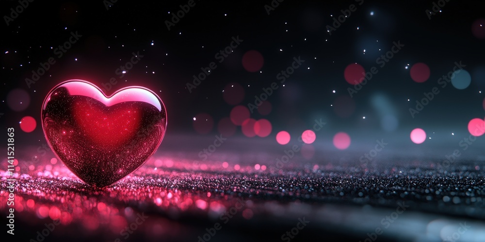 Aufkleber 3d render of a shiny heart on a pitch black background with sparkles and bokeh effects, perfect for 