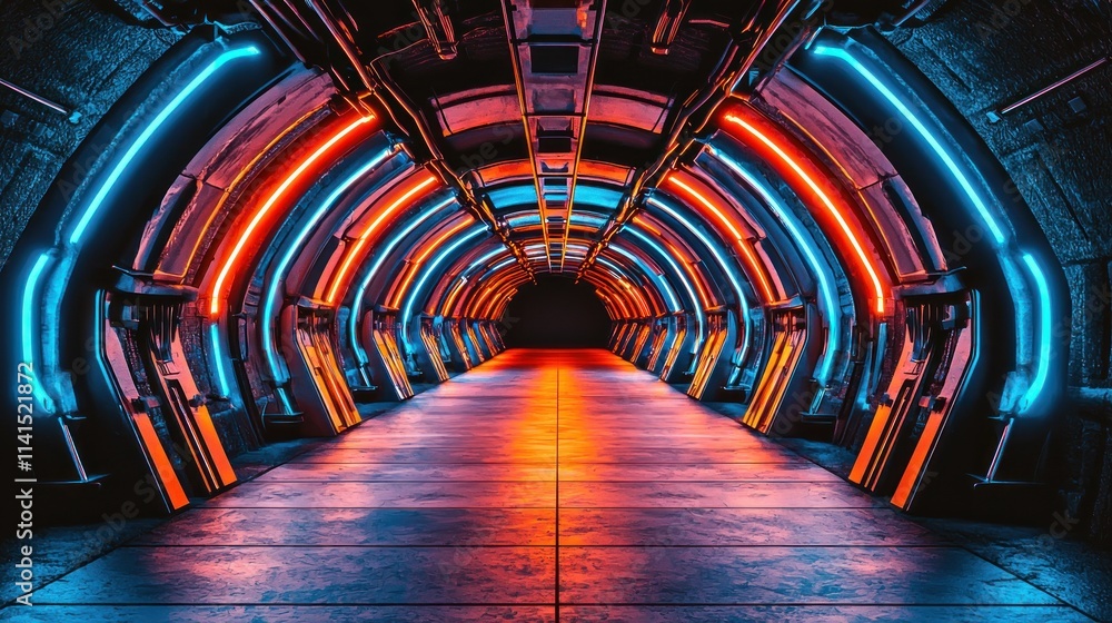 Aufkleber dynamic neon tunnel experience futuristic location digital art dark environment wide angle view