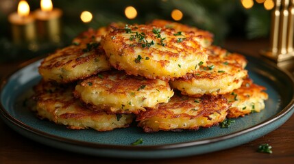 Perfectly golden latkes arranged on a vivid blue plate, surrounded by menorah candles glowing warmly and golden ornaments creating a festive holiday atmosphere.