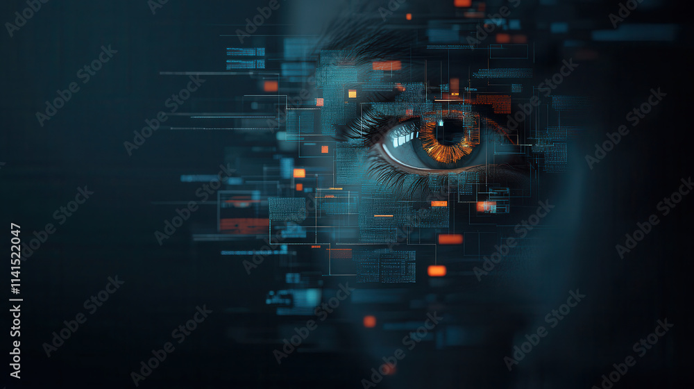 Aufkleber cybernetic eye scans virtual grid of security data, showcasing advanced technology and digital inter
